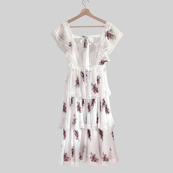 Lulus Thriving Romance White Floral Tiered Plisse Pleat Lace Trim Midi Dress XS - Picture 6 of 14